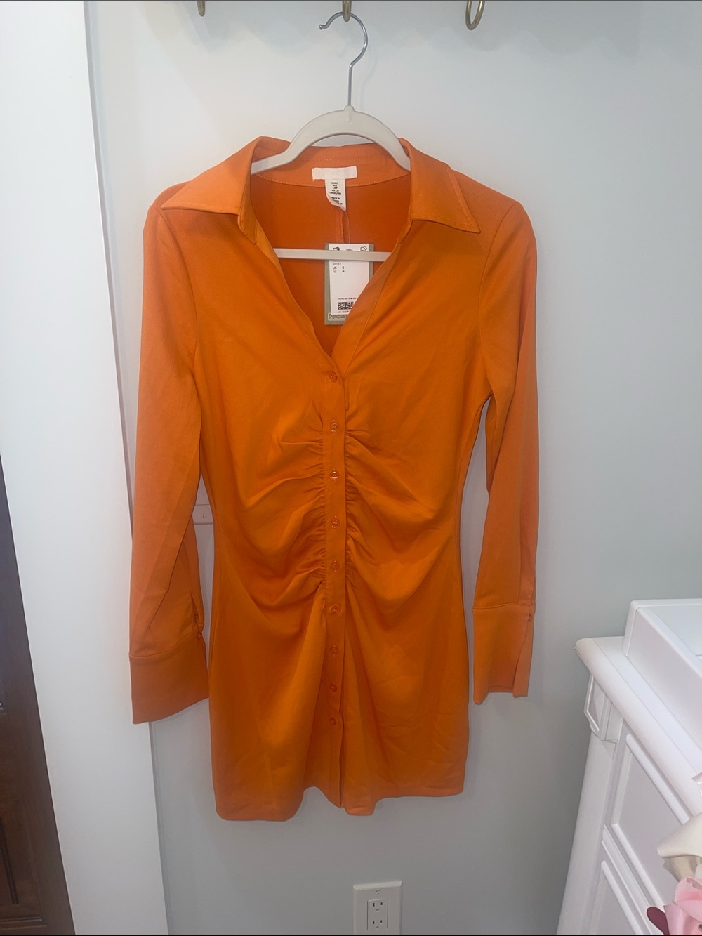 H&M Orange Ruched Button-Down Top